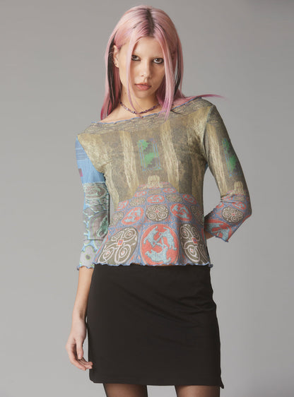 UNIF Exclusive | Mesh Printed Quarter Sleeve Top With Wide Neck