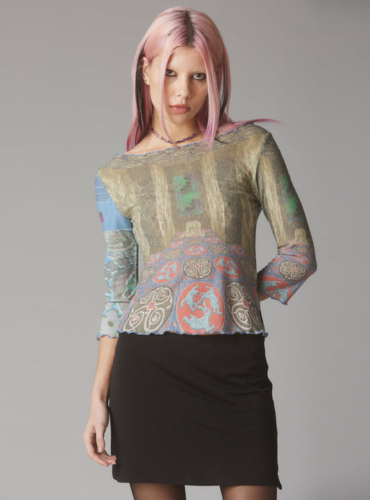 UNIF Exclusive | Mesh Printed Quarter Sleeve Top With Wide Neck