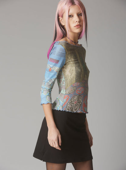 UNIF Exclusive | Mesh Printed Quarter Sleeve Top With Wide Neck
