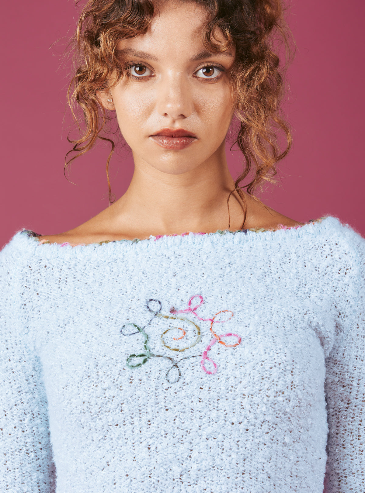 UNIF Exclusive | Soft Baby Blue Cropped Boucle-Knit Sweater