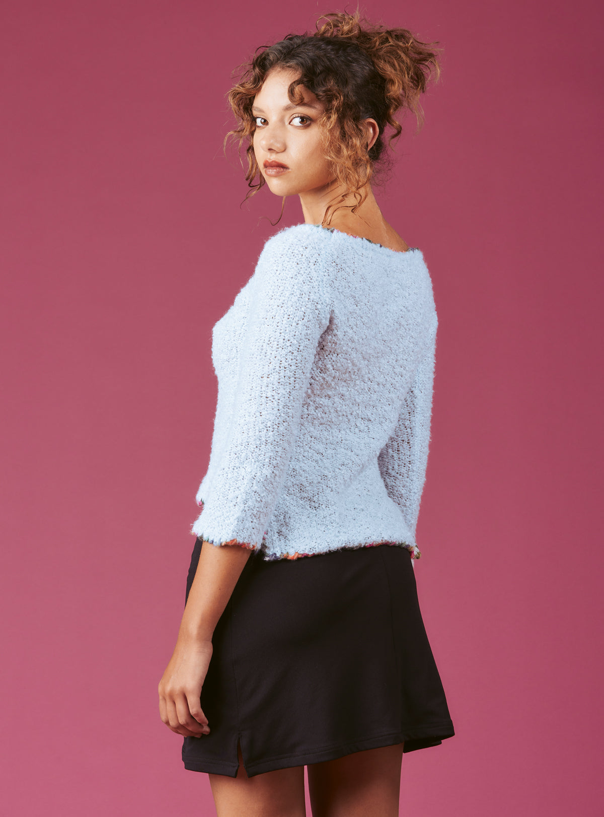 UNIF Exclusive | Soft Baby Blue Cropped Boucle-Knit Sweater