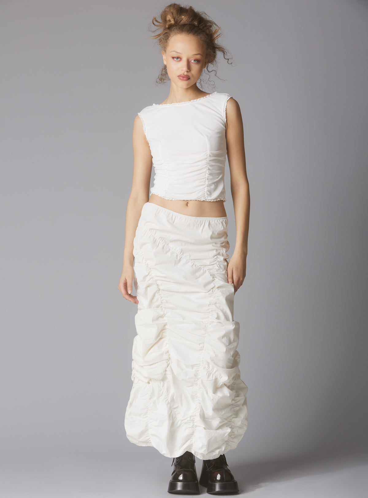 UNIF Popular | Sleeveless Top With Wide Neck & Ruffled Trim in